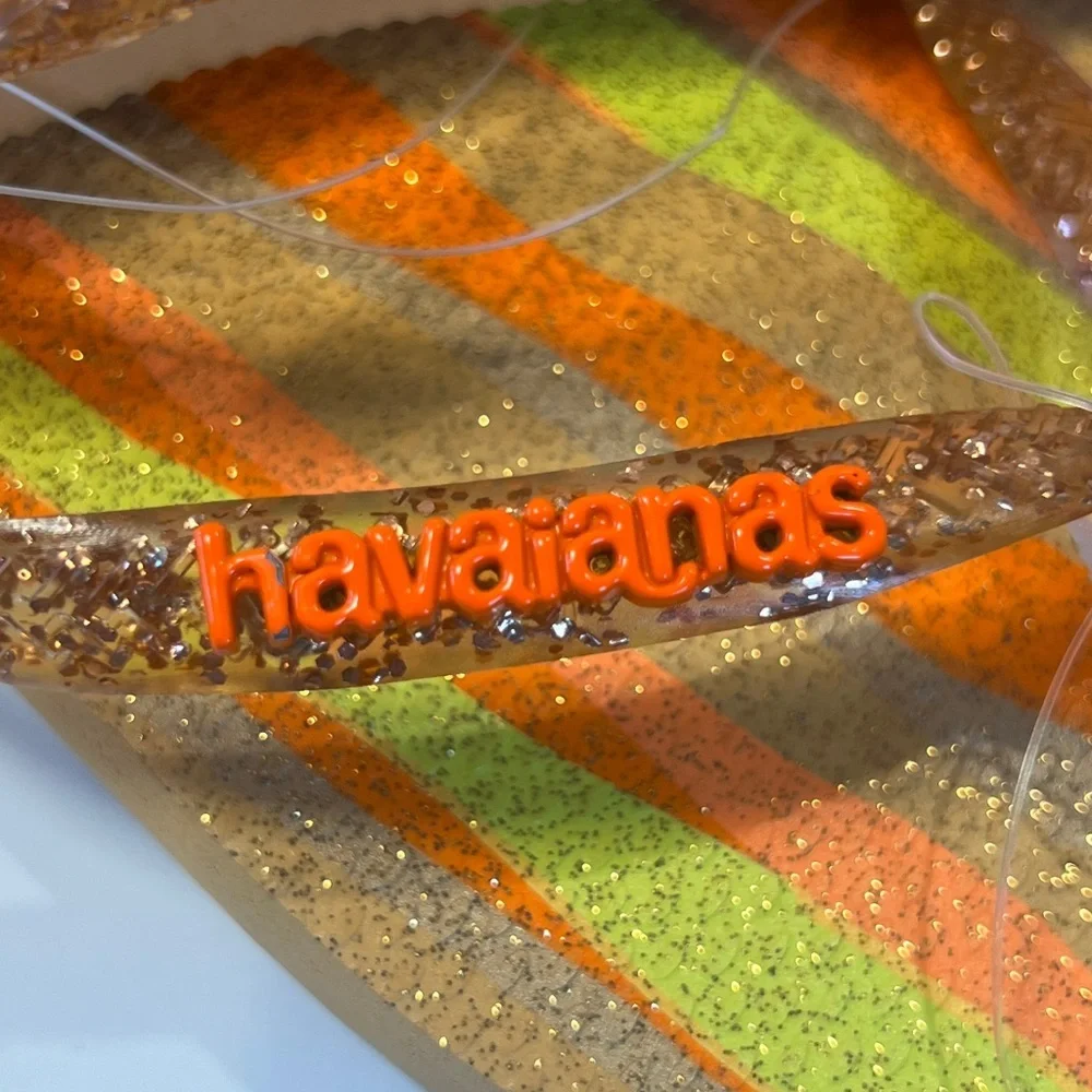 NWT Havaianas Slim Square Folia Flip Flops Glitter Striped Wom 9/10 Peach Orange - Picture 13 of 14